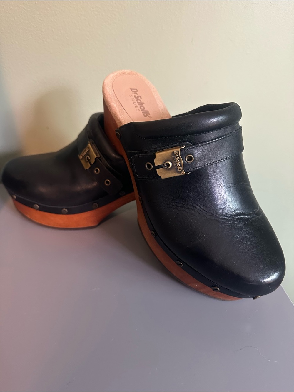 Dr. Scholl's Black Leather Clog Mules with Brown Wood Platform